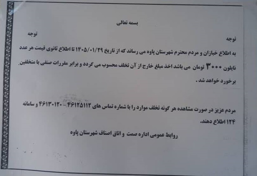 سقف قیمت هر عدد نایلون در نانواییها ۳۰۰۰ تومان تعیین شد